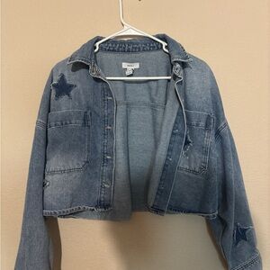 Denim Cropped Jacket with Star Patches